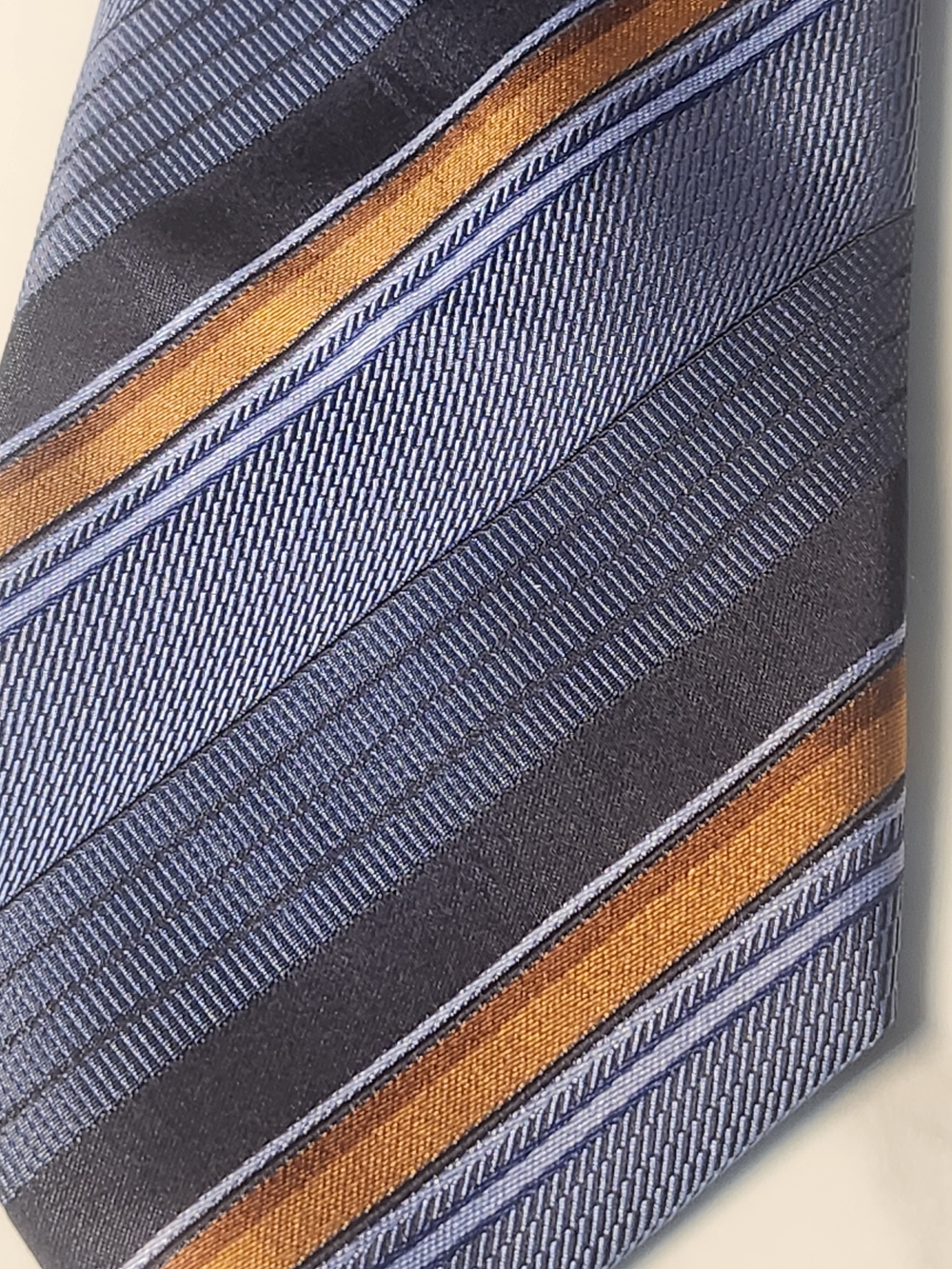 XMI Platinum Blue Grey & Orange Diagonal Striped 100% Silk Tie